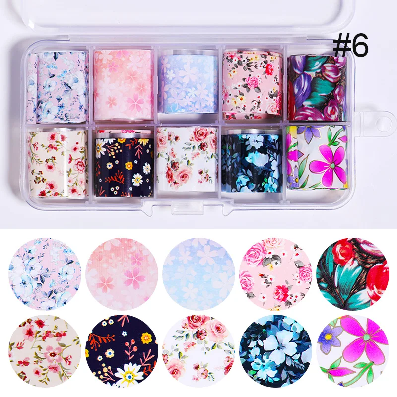 flower6 10 рулонов/коробка Голографическая фольга на ногти наклейка лазерная Звездное небо черная белая кружевная Смешанная для домашнего маникюра наклейка украшение - Цвет: flower6