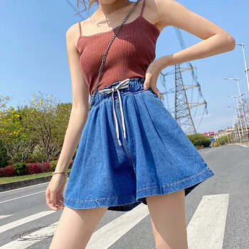 

COIGARSAM 4XL Plus Size Loose Denim Summer High Waist Women Shorts Blue 5899