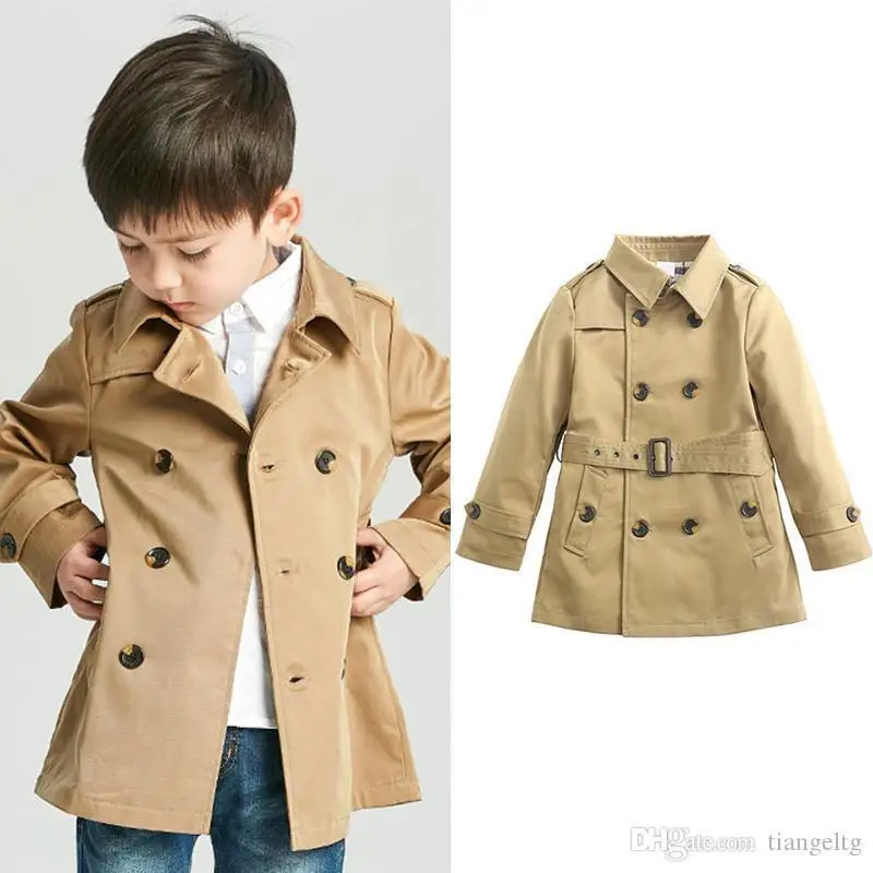 Kids Jackets Tench Coat Boy Girl Clothes Windproof British Double Breasted Windbreaker Turn-down Collar Button Belt Outwear