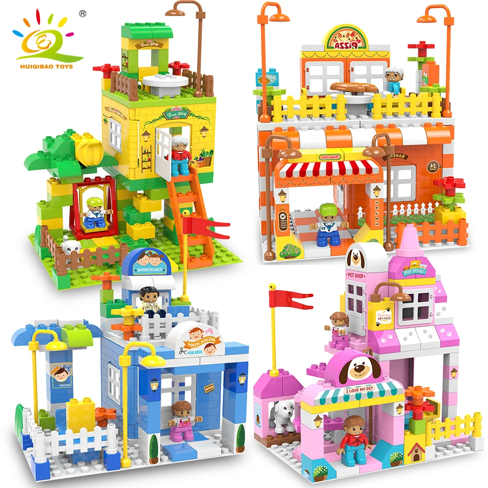 

HUIQIBAO TOYS Big Size Building Blocks store Big Particle Roof Blocks Duploed City street view House Castle Bricks children Toys