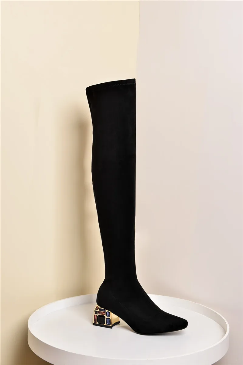 ASUMER/ г., Стрейчевые сапоги наивысшего качества Женская замшевая обувь на пикантном тонком каблуке с кристаллами под платье обувь для вечеринок женские ботфорты