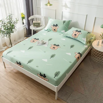 

Cartoon Green Forest Fawn Printed Fitted Sheet Mattress Cover Four Corners with Elastic Band 1pc 100% Cotton Fabric Bed Sheet