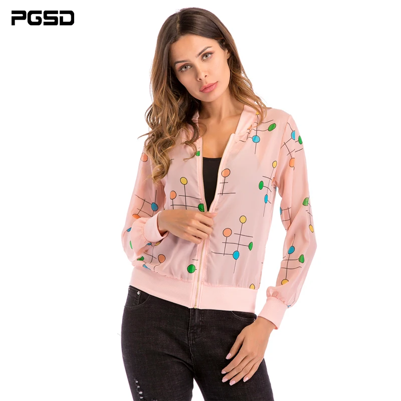 

PGSD Spring Autumn Women thin jacket casual fashion Kawaii O-Neck Long Sleeve Pink multicolour pattern Zipper pocket coat female