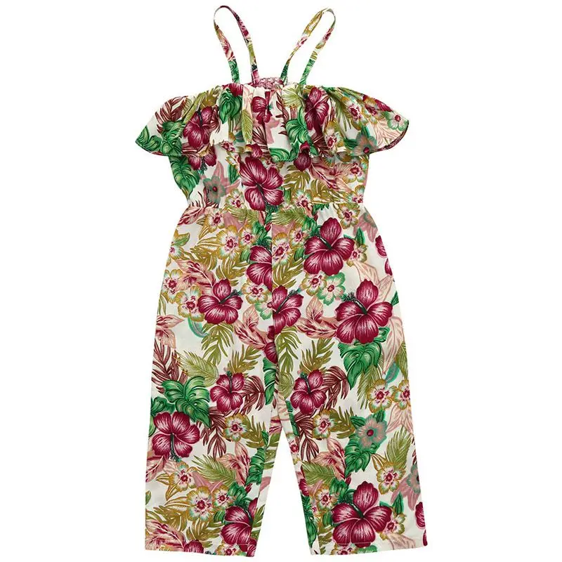 

Girls print flower sling jumpsuit trousers girls wear a word shoulder print girls suspenders 130cm-Hot