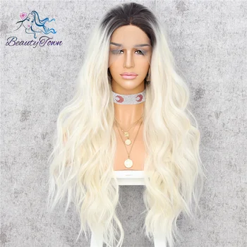 

BeautyTown Wavy Brown Root Ombre Blonde High Temperature Glueless DragQueen Daily Makeup Wedding Party Synthetic Front Lace Wig