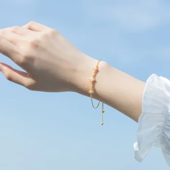 

100% 1pc Real. 925 Sterling Silver Fine Jewelry CZ AAA+ Polaris Stars Chain Bracelet white/ gold color choice women's GTLS859