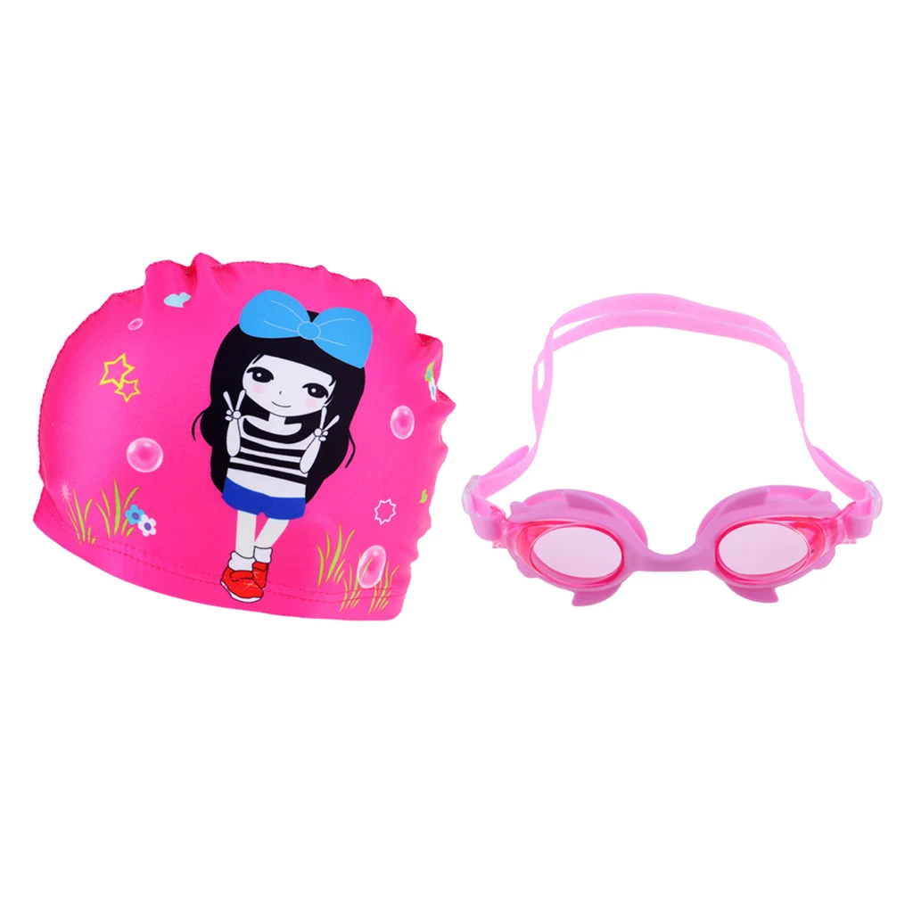 Anti-Fog Swimming Goggles age 4-12 + Cute Swim Cap + Ear Plugs for Kids Girls Boys Adjustable Strap Swim Glasses