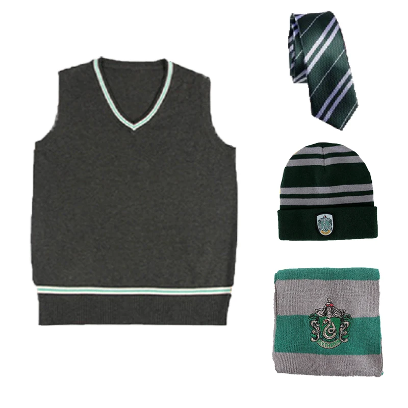Slytherin 4pcs 4 шт. комплект Поттер Косплей Гриффиндор свитер галстук шарф шапка для взрослых зимний жилет Slytherin Ravenclaw Hufflepuff костюмы D2103AD - Цвет: Slytherin 4pcs