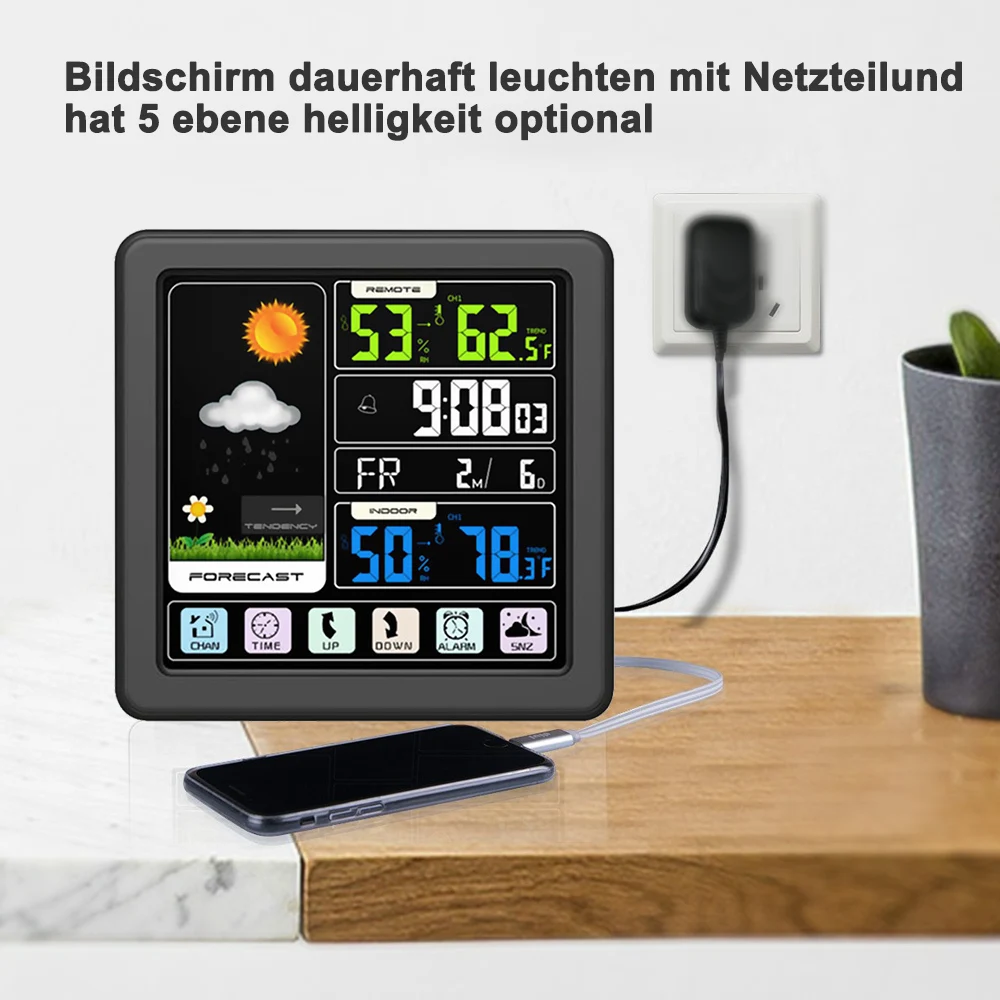 LCD Display Wireless Colorful Weather Station Hygrometer Barometer Thermometer Weather Forecast Digital Snooze Alarm Clock