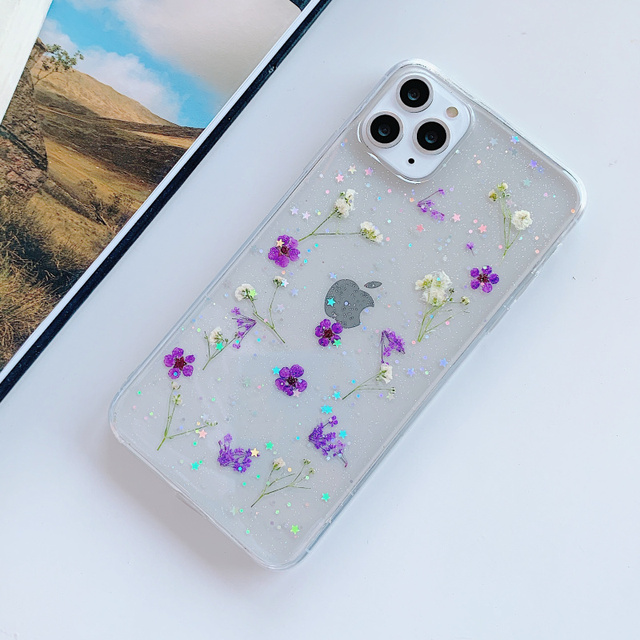 Glitter Real Dry Pressed Flower Phone Case For iphone 12 11 13 pro XS MAX x SE XR 7 8 plus Transparent Silicone Cover