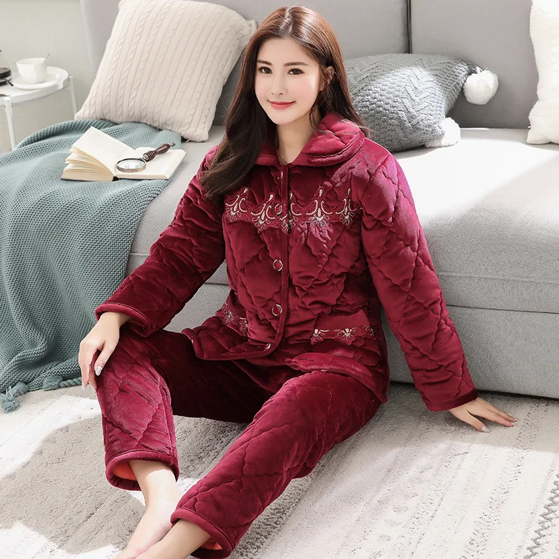 

610 # Winter Flower Three Layer Padded Pajamas Women's Old Man Case Mink Cashmere Tracksuit M -Xxxl