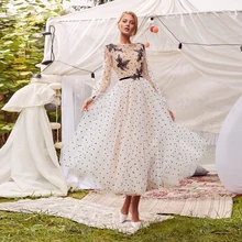 Robe De Soirée élégante en Tulle à pois, longueur thé, Robe De bal à manches longues, Robe De Soirée formelle pour femmes, ligne A 