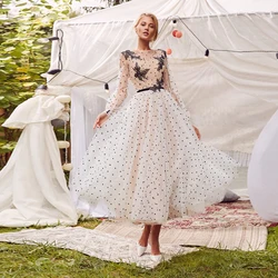 Elegant Tulle Dots Tea Length Prom Dresses With Long Sleeves Formal Evening Party Gown For Woman A Line Robe De Soirée Femme