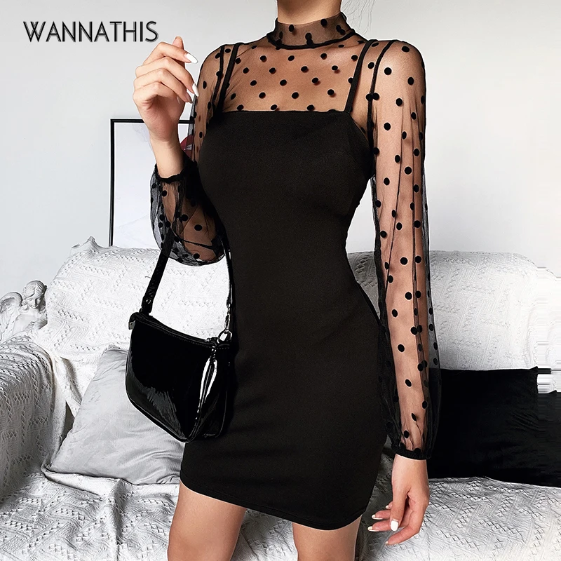 Женское облегающее платье WannaThis черные вечерние платья в горошек с длинным