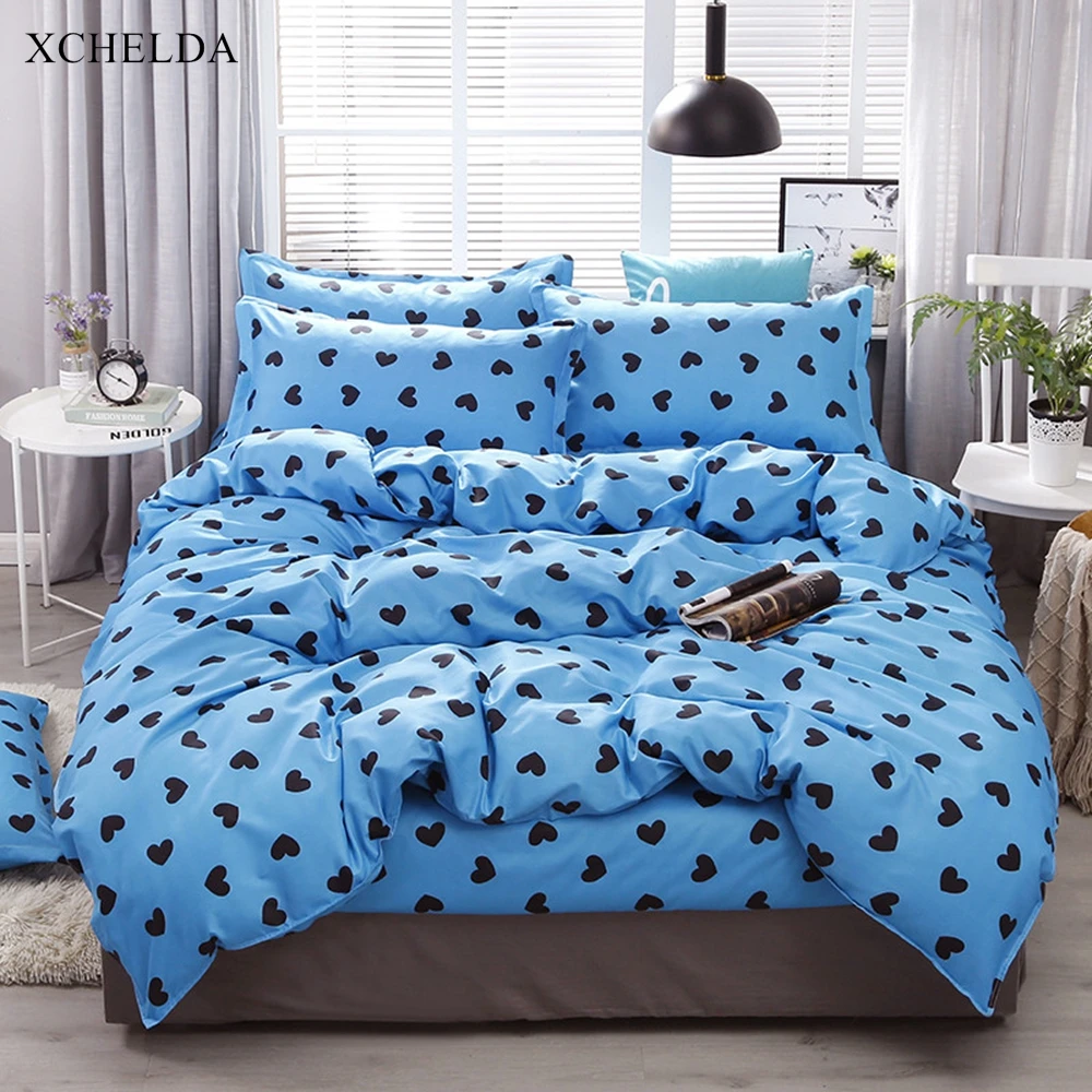 Heart Comforter Duvet Cover Bed Sheet set couple Queen King Size Bedding Set Blue Cotton Adult linens Home Textile bedspread