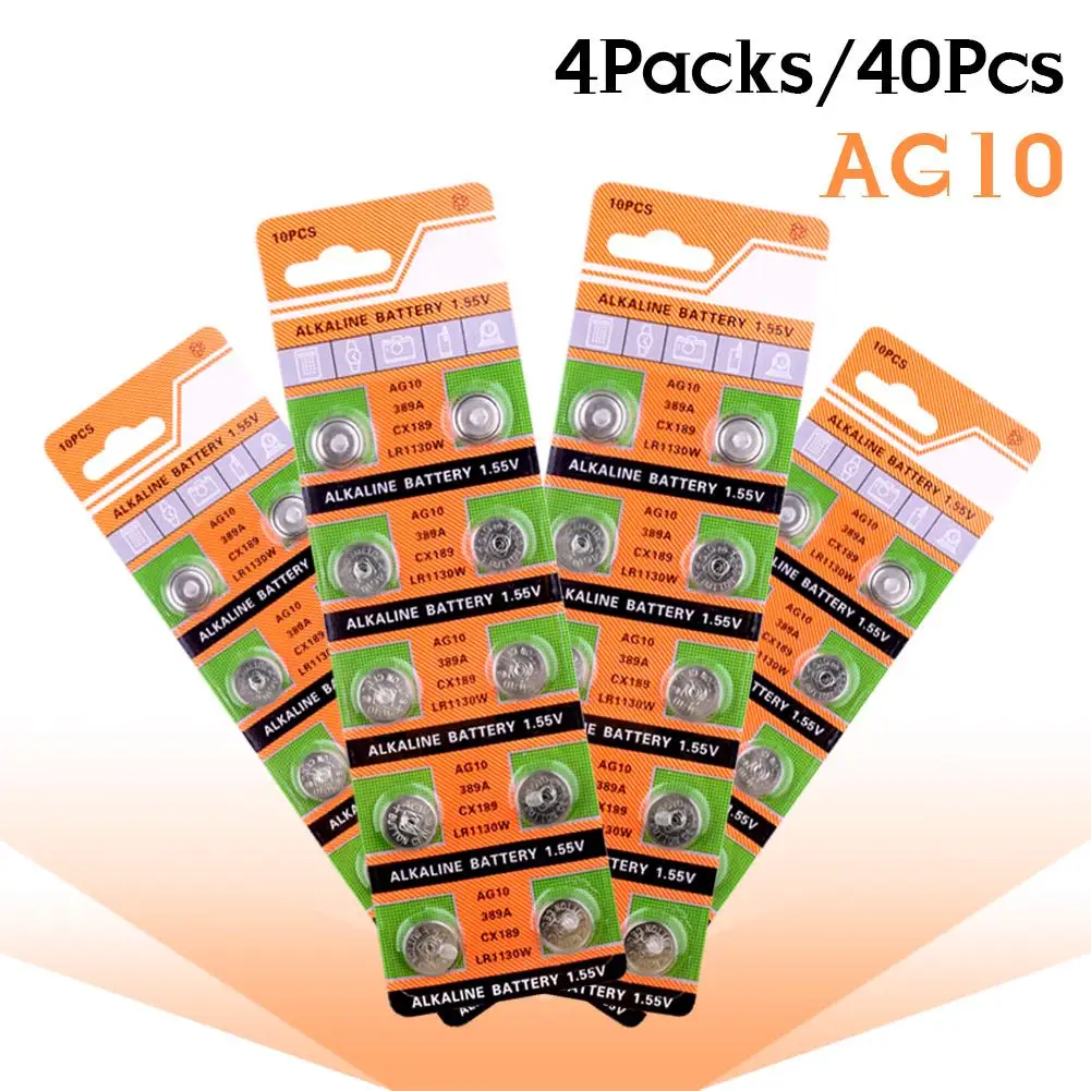 40 Uds AG10 alcalina de botón de Batteria LR1130 V10GA 389 390 LR54 AG10 G10A SR1130 LR1130 390A D189 para el colesterol pruebas metros