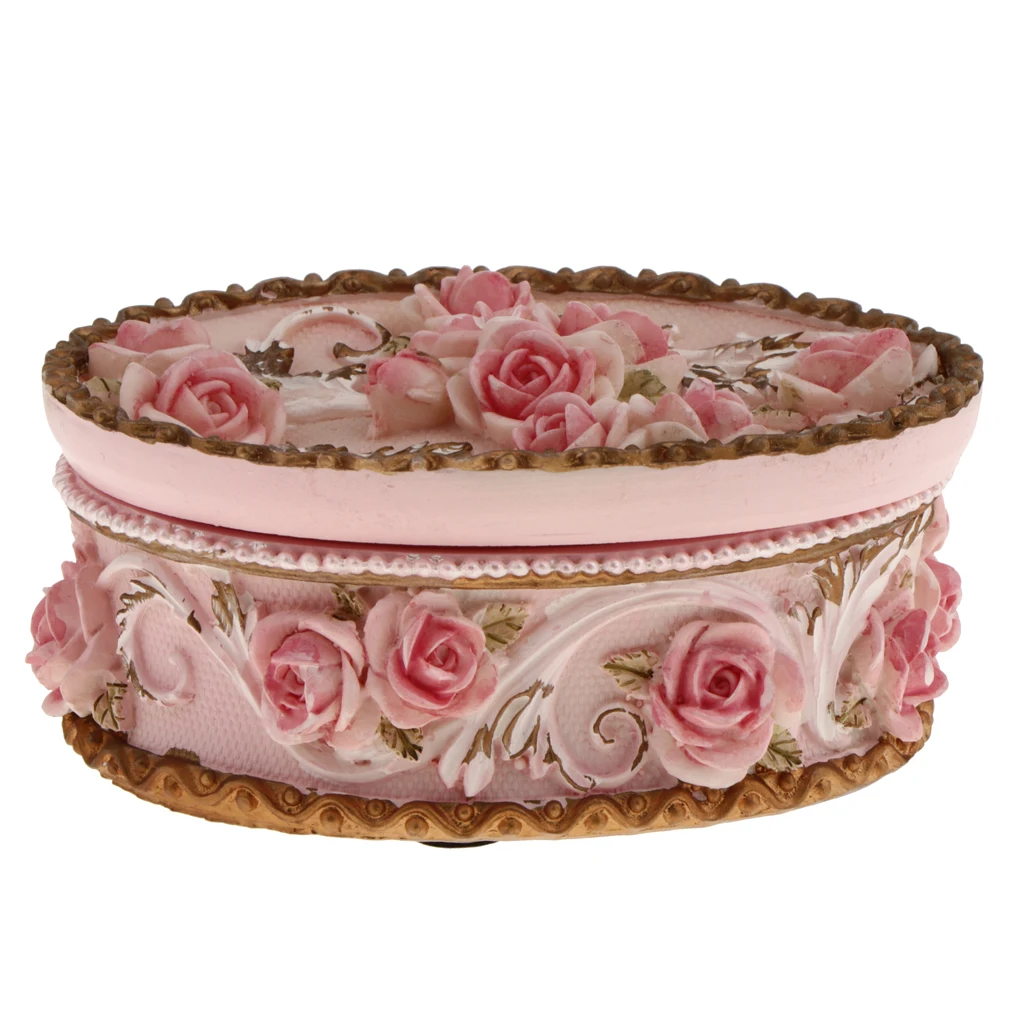 Country Style Rose Flowers Oval Shape Resin Wedding Jewelry Bride Bridesmaid Keepsake Box Storage Container Case