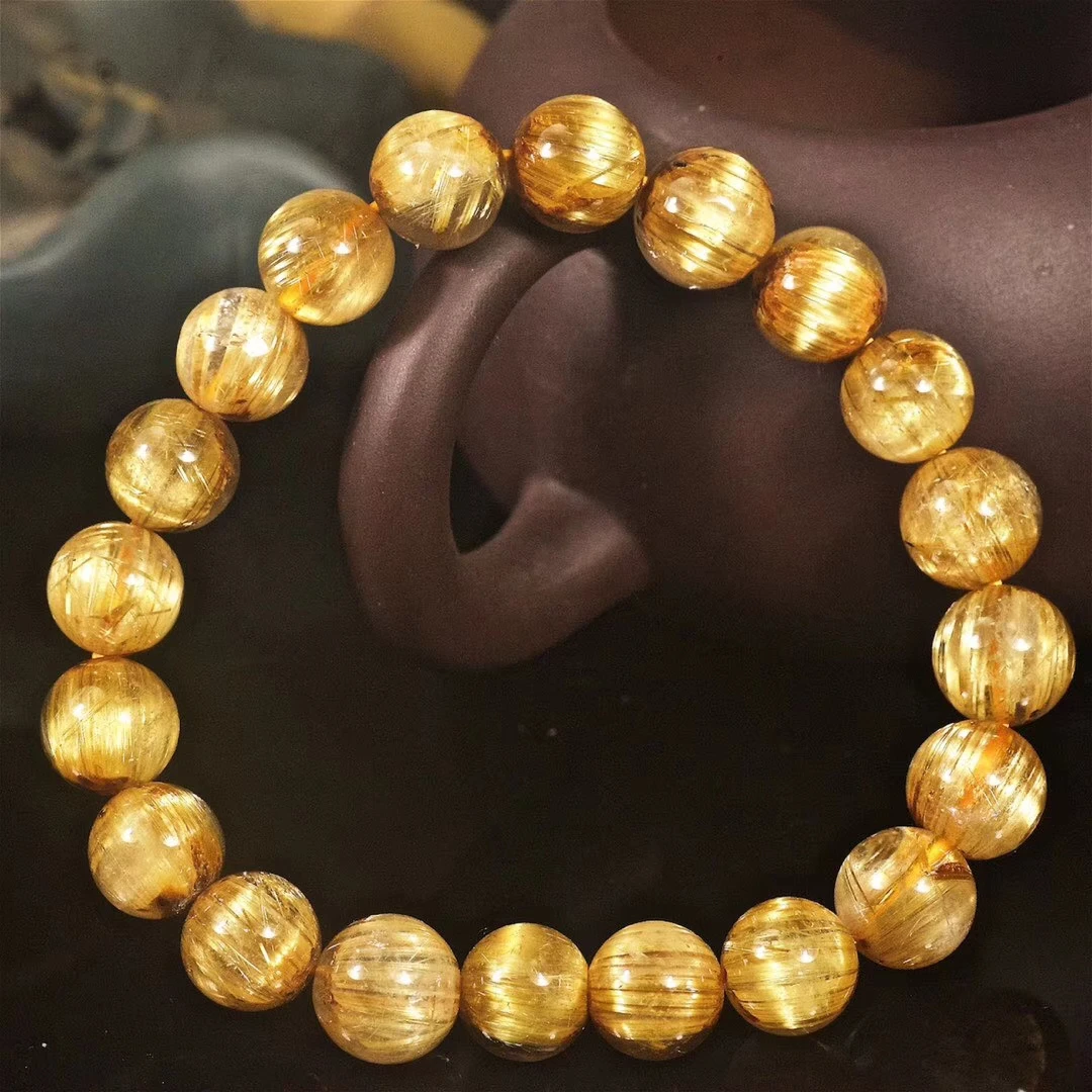 

Natural Gold Rutilated Bracelet 10.2mm Woman Man Brazil Crystal Titanium Clear Round Beads Jewelry AAAAAA Certificate