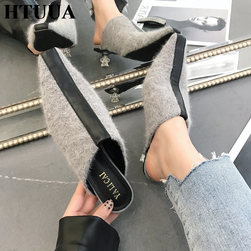 

HTUUA Autumn Winter Fur Flock Mules Shoes Women Square Toe Low Transparent Heel Slippers Outside Slip On Loafers SX3239
