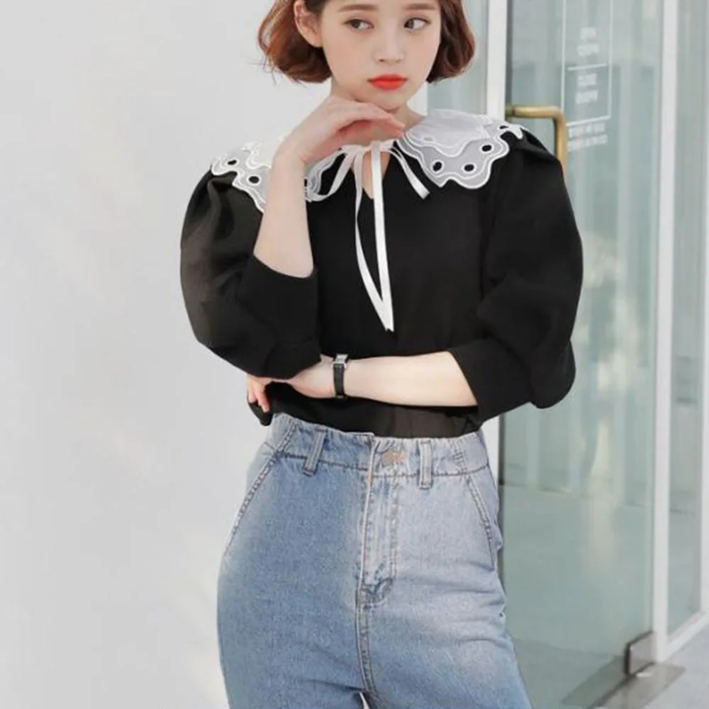 Hollow Embroidery Shirt Fake Collar White Tie Vintage Detachable False Lapel Blouse Women Clothes Accessories |