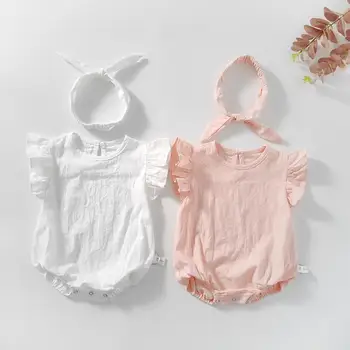 

Infant Toddler Solid Color Cotton Rompers with Headbands 2020 New Fashion Baby Girls Sweet Summer Rompers