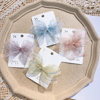 

2020 New Spring Korean Sweet Girl Princess Hairpins Fashion Cute Printing Yarn Bow Duckbill Clip for Children's Hair Accessories