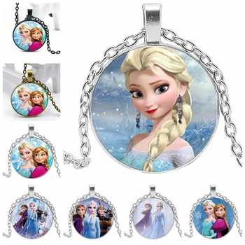 

2020 New Cartoon Elsa Anna Snow Queen 3 Color Necklace Glass Convex Personality Pendant Necklace Gift Wholesale