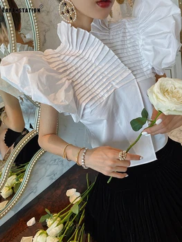 

Free shipping heavy craft pleated Zou design retro petal sleeves short shirt ladies summer new fashion personality wild top