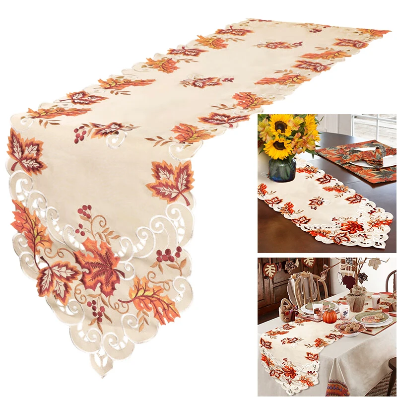 

European Country Style Embroidered Table Runner Cover Maple Leaves Tablecloth 38*176CM Satin weddings Thanksgiving Christmas