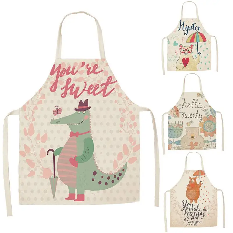 Kitchen Aprons Unisex Linen Animal Seris Bear Crocodile Print Dinner Cooking Bib Funny Pinafore Cleaning Apron WQ189 | Дом и сад