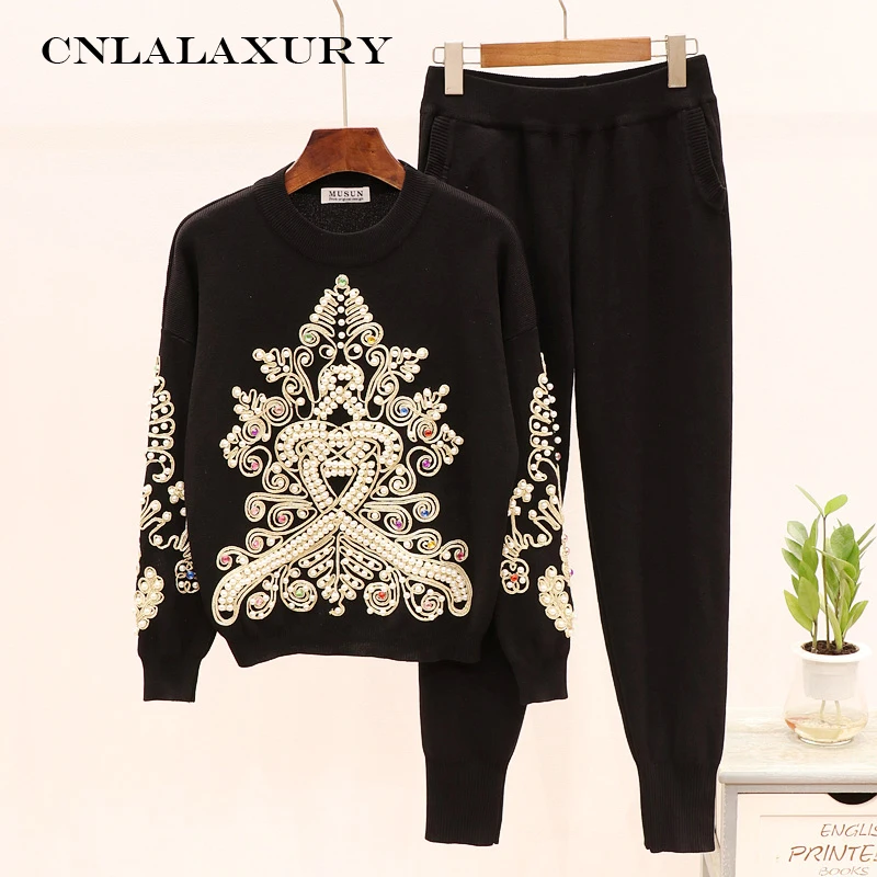 

Tracksuits Sets Pearls Beading Autumn Winter 2 Piece Women's Knitting Sets Embroidery Sweater +Trousers Runway Knit Pants Suit