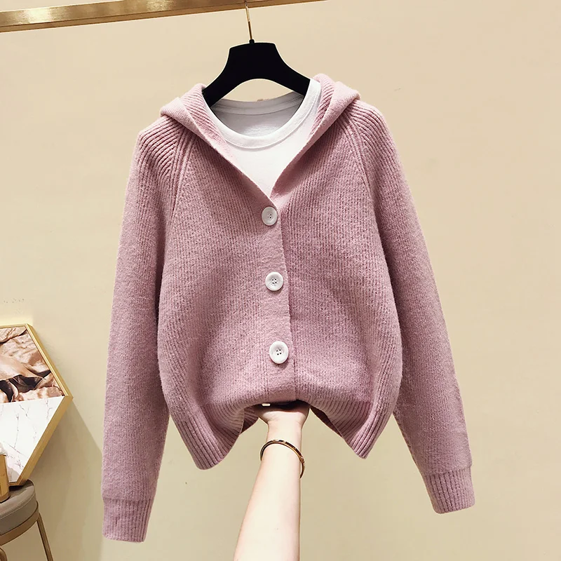 pink Короткая Кепка Женский вязаный кардиган весна и осень свободный свитер ленивый ветер студентов с капюшоном Трикотаж повседневные топы - Цвет: pink