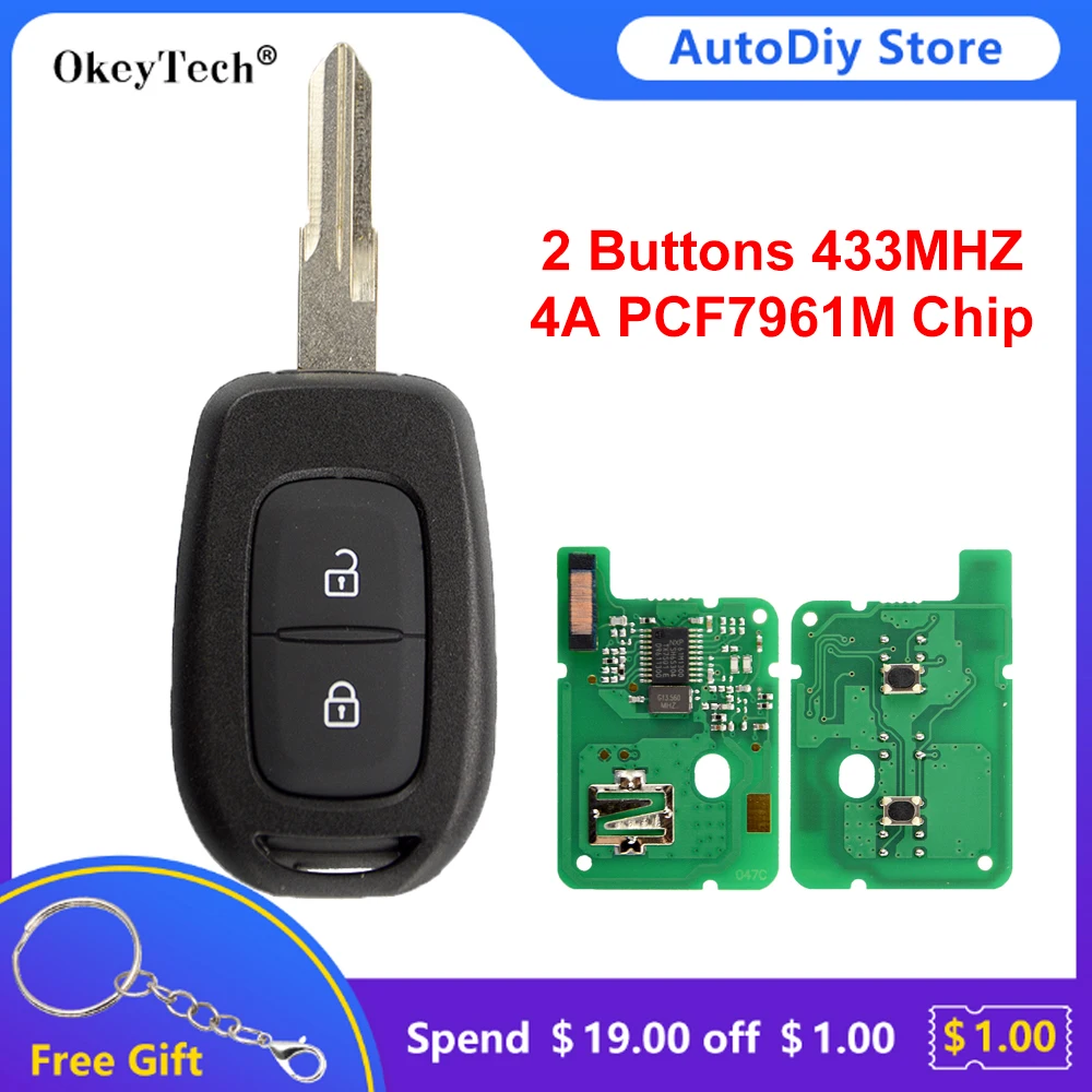 Okeytech 2 Buttons Remote Control Key For Renault Sandero Logan Lodgy Dokker Dacia Duster 433Mhz PCF7961M 4A Chip Auto Fob | Автомобили и