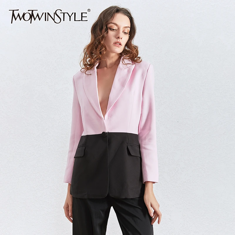 

TWOTWINSTYLE Elegant Hit Color Patchwork Blazers For Women Notched Collar Long Sleeve Tunic Suit Female 2020 Fashion Clothes New