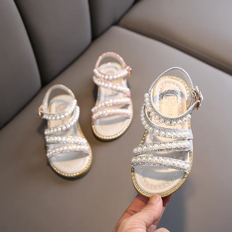 Summer Girls Shoes Bead Mary Janes Flats Fling Princess Shoes Baby Dance Kids Sandals Children Wedding Pink D238