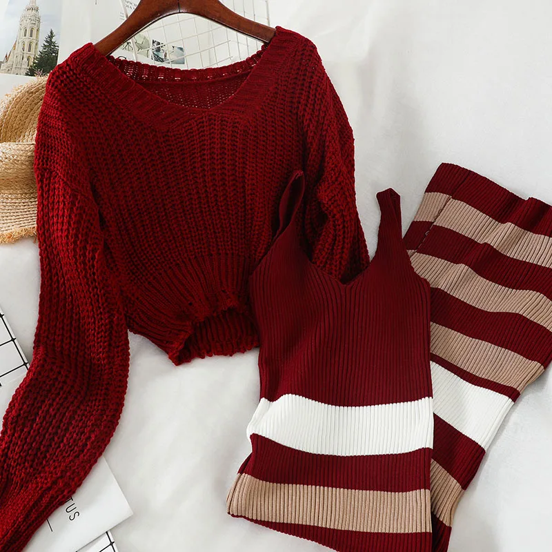 Gaganight модный вязаный женский комплект из двух предметов, однотонный короткий свитер, длинное платье в полоску, офисные женские корейские костюмы, весна-осень - Цвет: Burgundy