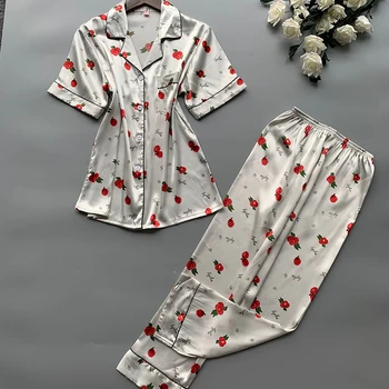 

Satin Short Sleeve 2 PCS Top&pants Women Sleepwear Lounge Casual Young Lady Pajamas Suit Summer New Softy Rayon Home Clothing