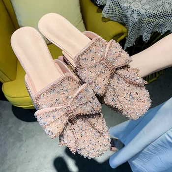

LIHUAMAO Sequined Mules shoes for women flats with slip on loafers slippers pointed toe lady slides casual women shoes