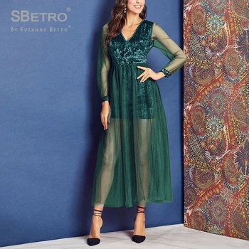 

SBetro Autumn and winter fashion new style Velvet Sheer Flowy Mesh Overlay Dress