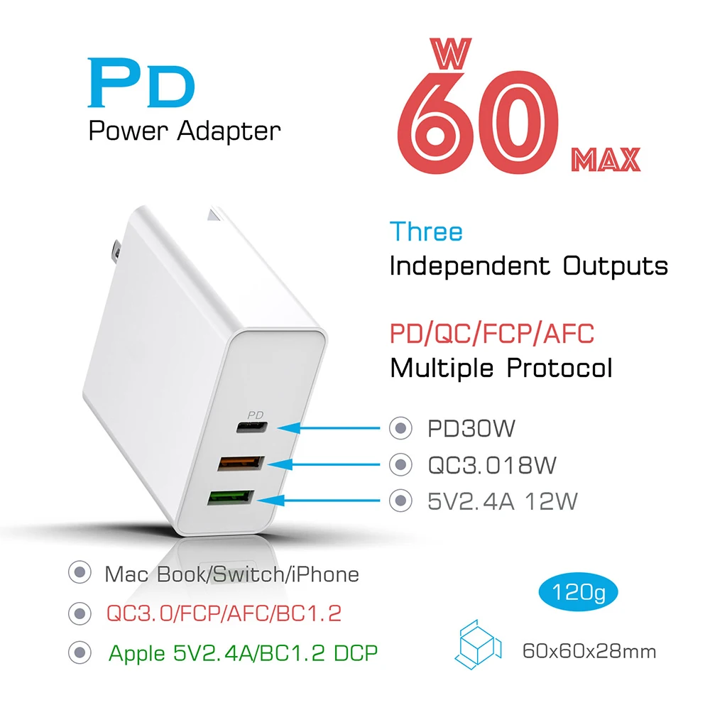 60W Quick Charger Adapter PD QC 3.0 Type C USB Charge For iPhone Samsung Xiaomi Huawei FCP Fast Wall Phone Charger EU UK US AU