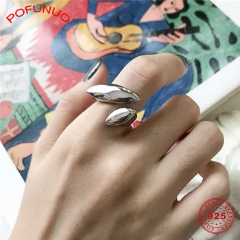 

POFUNUO 925 Sterling Silver Women Geometric Irregular Rings Minimalist Smooth Surface Opening Rings Creative Silver Fine Jewelry