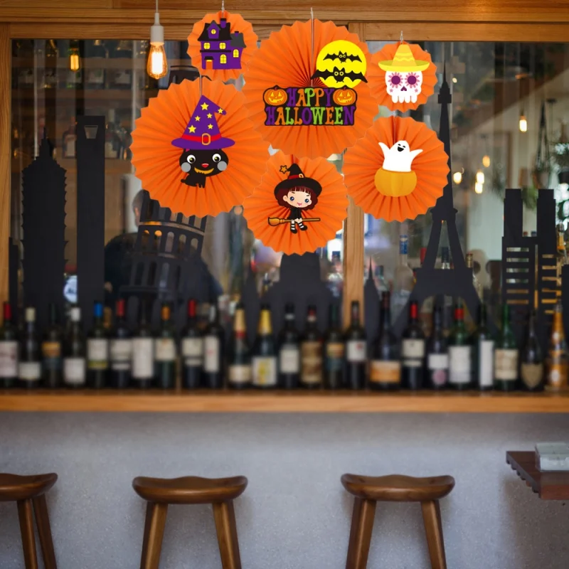 

Halloween Party Handmade Black And White Paper Fan Decorations DIY Round Paper Fan Flower Halloween Party Ornament Accessories