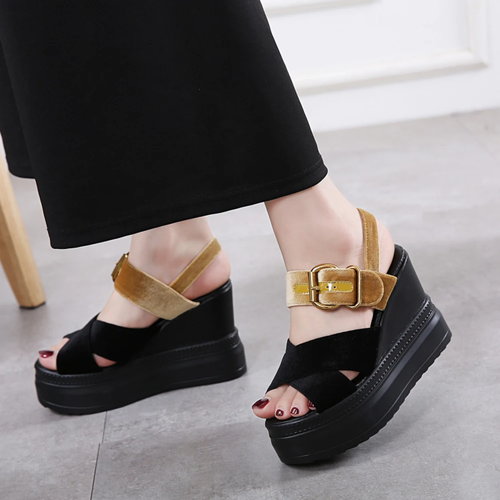 

RIBETRINI 2020 Brand Trendy mixed-color Patchwork Shoes Woman Fashion High Wedges Sandals Women Summer Platform Sandals