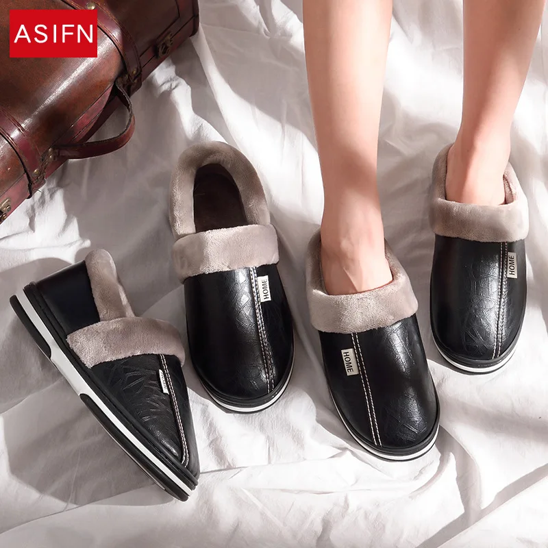 

Jsh. Cotton Leather Bag Women's Indoor PU Slippers with Waterproof Warm Thick Bottomed Fully Bag Strap Heel Marriage Large Size