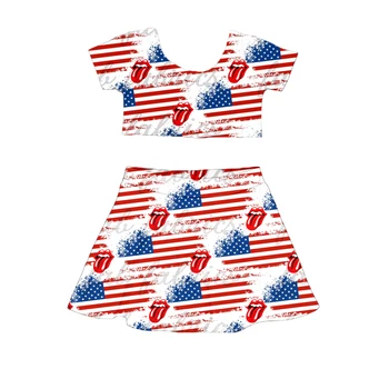 

2020 New Summer Girls Suits Baby Girl Fashion Print 2 Pieces Set Short Sleeve Crop Top+Skirt Suits independence Day Kid Clothes