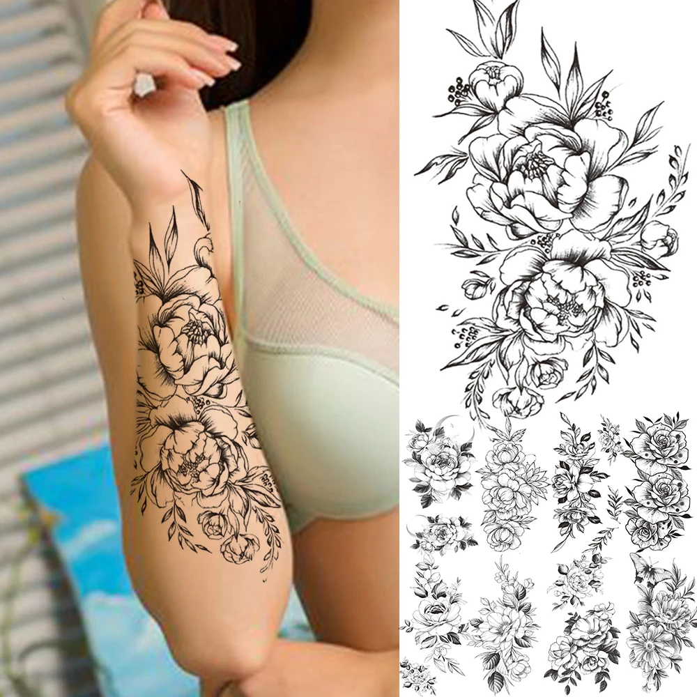 

3D Peony Temporary Tattoos For Women Girls Black Moon Fake Butterfly Rose Tattoo Sticker Unique Forearm Waterproof Tatoos Paste