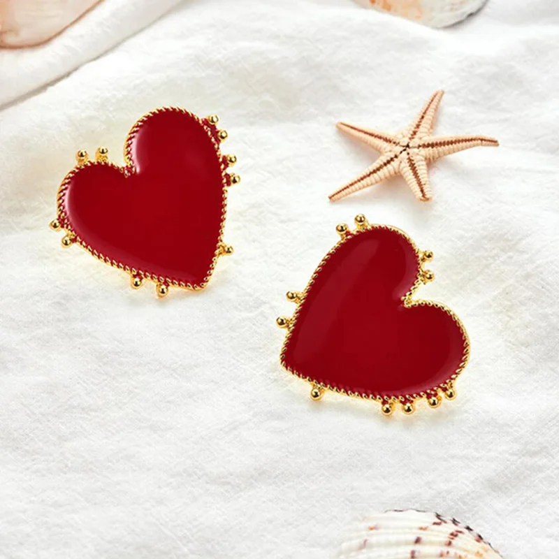 

Delicate Cute Red Black Big Metal CZ Zircon Crystal Heart Stud Earrings Rose Gold Color Romatic Love Stud Earrings Women Jewelry