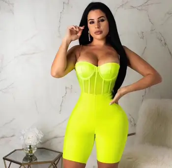 

New Arrival Sexy Sleeveless Chain Black Yellow Rayon Bandage Playsuits 2019 Celebrity Designer Fashion Party Playsuit
