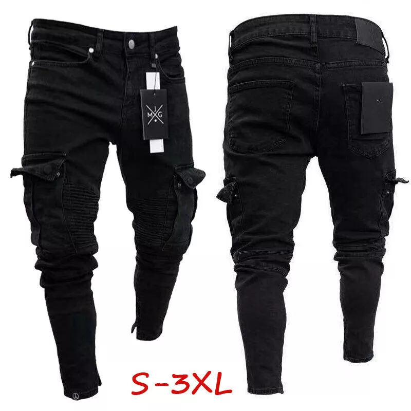 Fashion Mens Slim Fit Urban Straight Leg Black Trousers Denim Casual Pencil Jogger Cargo Pants S-3XL 1