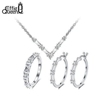 

Effie Queen Delicate 925 Silver Jewelry Set Necklace Earring Ring with AAAA Zircon for Woman Jewelry Wedding Party Gift DSS52